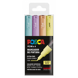 Posca PC1M Pack de 4 Marcadores de Pintura - Punta Conica 0.7mm - Tinta Base al Agua - No Permanente - Resistente a la Luz - Colores Surtidos Pastel