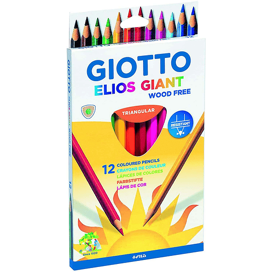 Giotto Elios Giant Wood Free Pack de 12 Lapices Triangulares de Colores - Sin Madera - Mina 5 mm - Colores Surtidos