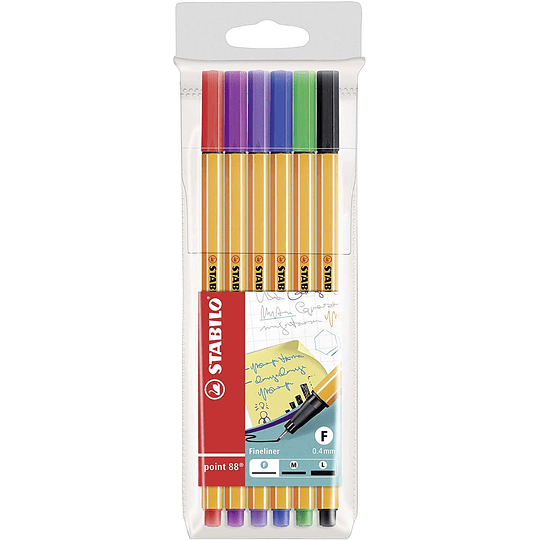 Stabilo Point 88 Pack de 6 Rotuladores de Punta Fina de Fibra - Trazo de 0.4 mm - Tinta con Base de Agua - Colores Surtidos