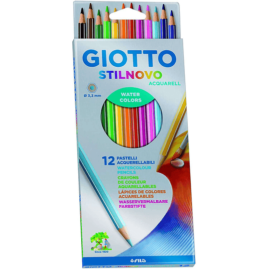 Giotto Stilnovo Acquarell Pack de 12 Lapices de Colores Acuarelables Hexagonales - Mina 3.3 mm - Madera - Colores Surtidos