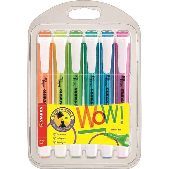 Stabilo Swing Cool Pack de 6 Marcadores Fluorescentes - Cuerpo Plano - Punta Biselada - Trazo entre 1 y 4mm - Tinta con Base de Agua - Antisecado - Co