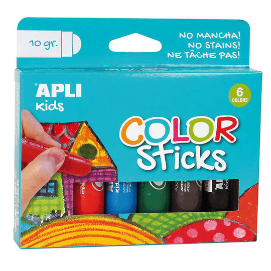 Apli Color Sticks Temperas Solidas - Pack de 6 Unidades de 10g - Acabado Satinado sin Necesidad de Barniz - Secado Rapido en Menos de 3 Minutos - Efec