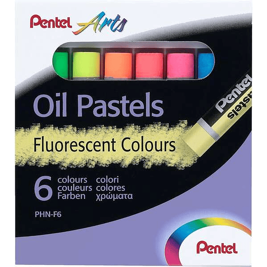 Pentel Oil Pastels Pack de 6 Pasteles Oleo Fluorescentes - Blandos, Cremosos y de Secado Lento - Colores Fluorescentes Surtidos