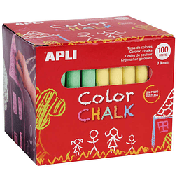 Apli Pack de 100 Tizas Redondas de Colores Surtidos Ø 9 x 80mm - Sin Polvo - Ideales para Escribir, Dibujar y Colorear en Pizarras y Pavimentos - Apta