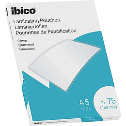 Ibico Caja de 100 Laminas para Plastificar Gloss A5 75 Micras - Acabado Brillante - Plastifica Papel, Fotos, Tarjetas de Visita, Recursos Escolares y 