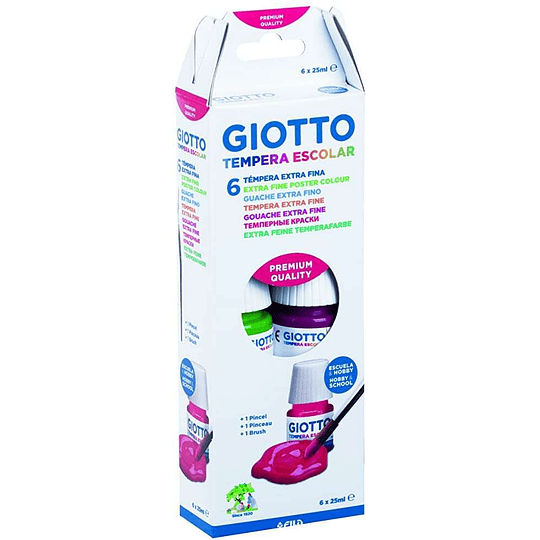 Giotto Tempera Pack de 6 Botes de 25 ml. + Pincel - Base Agua - Excelente Cobertura - Colores Surtidos