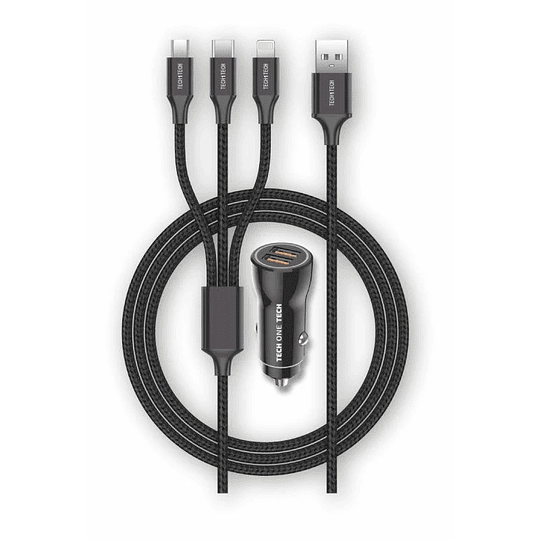 TechOneTech Cargador de Coche 2x USB-A + Cable 3 en 1 MicroUSB, Lightning y USB-C - Color Negro