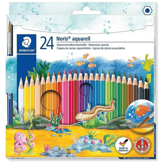 Staedtler Noris Aquarell Pack de 24 Lapices Hexagonales de Colores + Pincel - Madera de Bosques Sostenibles - Colores Surtidos