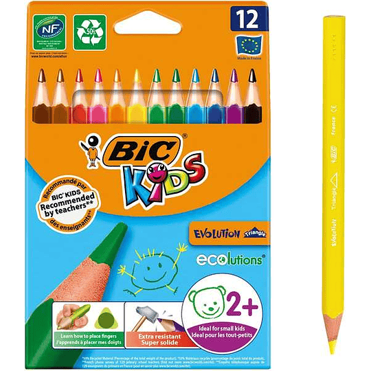 Bic Kids Evolution Triangle Pack de 12 Lapices de Colores Triangulares - Punta Ultraresistente - Sin Madera