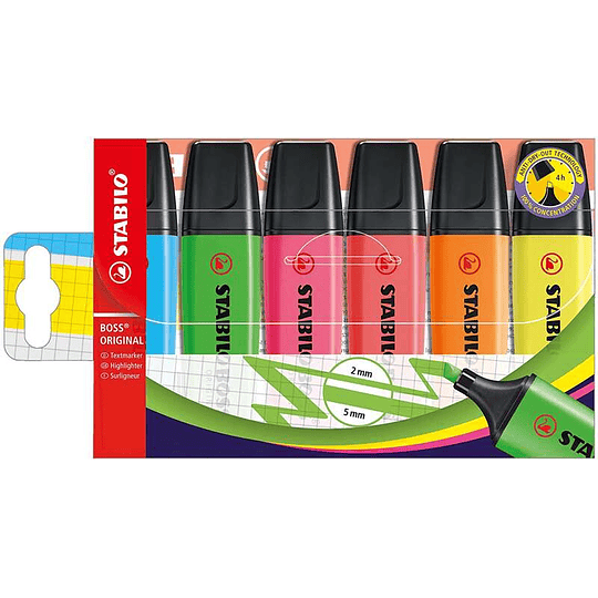 Stabilo Boss 70 Pack de 6 Marcadores Fluorescentes - Trazo entre 2 y 5mm - Recargable - Tinta con Base de Agua - Colores Surtidos