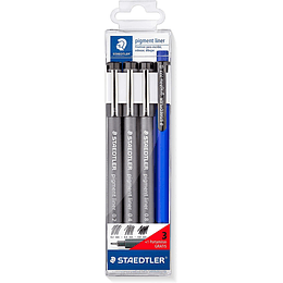 Staedtler Pigment Liner 308 Pack de 3 Rotuladores Calibrados 0,2 0,4 y 0,8mm + 1 Portaminas 0.5mm - Secado Rapido - Color Negro