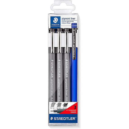 Staedtler Pigment Liner 308 Pack de 3 Rotuladores Calibrados 0,2 0,4 y 0,8mm + 1 Portaminas 0.5mm - Secado Rapido - Color Negro