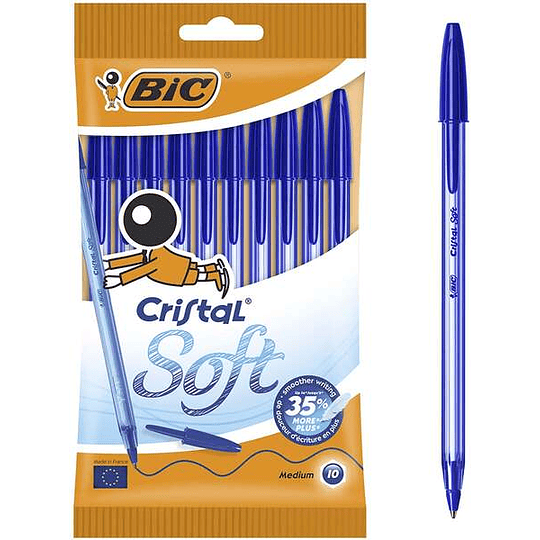 Bic Cristal Soft Pack de 10 Boligrafos de Bola - Punta Media de 1.2mm - Trazo 0.45mm - Escritura mas Fluida - Color Azul