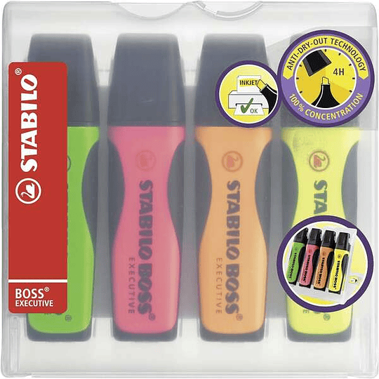 Stabilo Boss Executive Pack de 4 Marcadores Fluorescentes - Zona de Agarre - Trazo entre 2 y 5mm - Recargable - Tinta con Base de Agua - Colores Surti