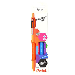 Pentel iZee Pack de 4 Boligrafos de Bola Retractiles - Punta 0.7mm - Trazo 0.35mm - Clip de Metal - Colores Naranja, Azul Claro, Rosa y Violeta