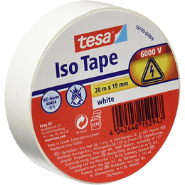 Tesa Cinta Aislante 19mm x 20m - Fabricada en PVC - Para Reparar, Aislar y Agrupar todo tipo de Cables Electricos - Color Blanco