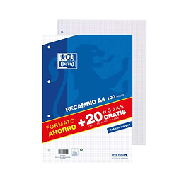 Oxford Recambio Formato A4 Cuadriculado 4x4mm 4 Taladros - 100 Hojas + 20 Gratis 90gr con Margen