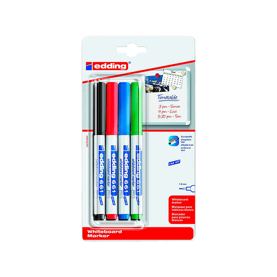 Edding 661 Pack de 4 Rotuladores para Pizarra Blanca - Punta Redonda - Trazo entre 1 y 2 mm. - Tinta Pigmentada - Borrable en Seco - Cuatro Colores