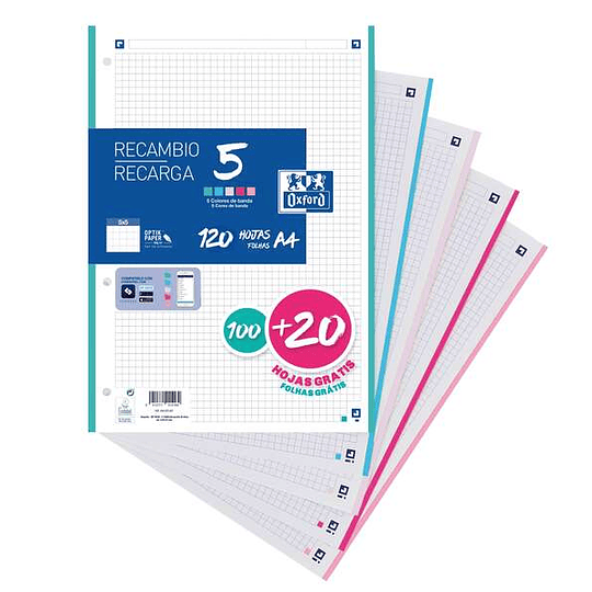 Oxford 5 Recambio Formato A4 Cuadriculado 5x5mm 4 Taladros - 100 Hojas + 20 Gratis - Banda de 5 Colores Pastel