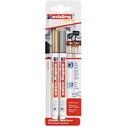 Edding 4085 Pack de 2 Rotuladores de Tiza Liquida - Punta Redonda - Trazo 1-3mm - Olor Neutro - Color Oro y Plata