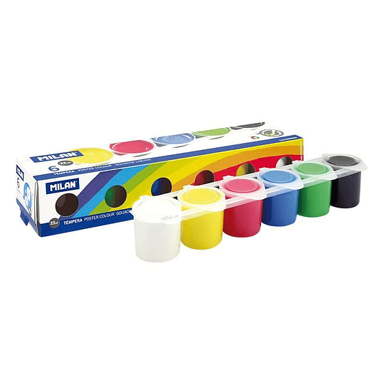 Milan Pack de 6 Botes de Tempera 25ml + 1 Pincel Serie 101 - Secado Rapido - Mezclable - Colores Surtidos