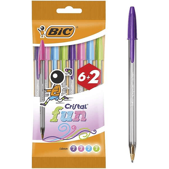 Bic Cristal Fun 6+2 Pack de 8 Boligrafos de Bola - Punta Redonda de 1.6mm - Trazo 0.42mm - Tinta con Base de Aceite - Colores Surtidos