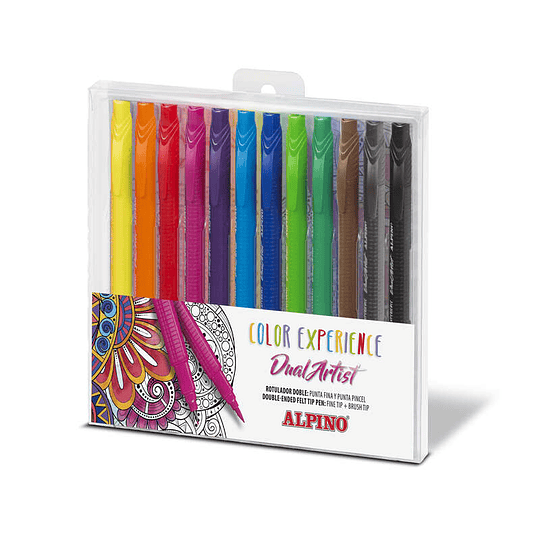 Alpino Color Experience Pack de 12 Rotuladores Doble Punta con Punta Pincel - Forma Triangular Ergonomica - Punta Fine Liner de 0.7mm y Punta Pincel d