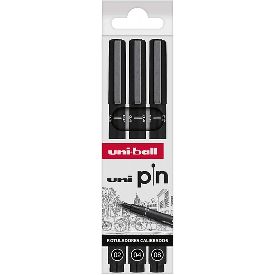 Uni-ball Uni Pin Pack de 3 Rotuladores Calibrados 0.2, 0.4, 0.8 - Punta Poliacetal - Tinta Pigmentada Resistente al Agua y Luz - Color Negro