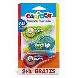 Pack Carioca Corrector de Cinta 2+1 - Cubriente - Se Puede Volver a Escribir Enseguida - Ideal para Cualquier Tipo de Papel - Color Varios