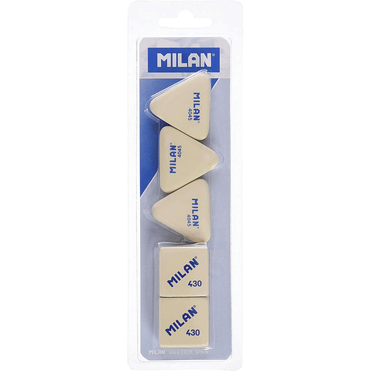 Milan Pack de 5 Gomas de Borrar, 3x Gomas 4045 Nata Triangulares + 2xGomas 430 Cuadradas - Miga de pan - Caucho Suave Sintetico - Color Blanco