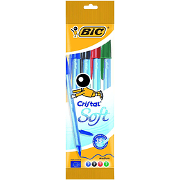 Bic Cristal Soft Pack de 4 Boligrafos de Bola - Punta Media de 1.2mm - Trazo 0.45mm - Escritura mas Fluida - Colores Surtidos