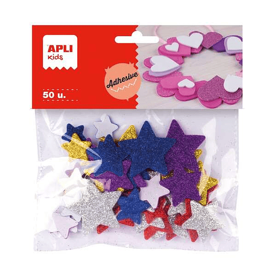 Apli Formas de Estrellas Adhesivas de Goma Eva - 50 Formas - Medidas Surtidas - Material Suave y Seguro - Colores Surtidos Purpurina