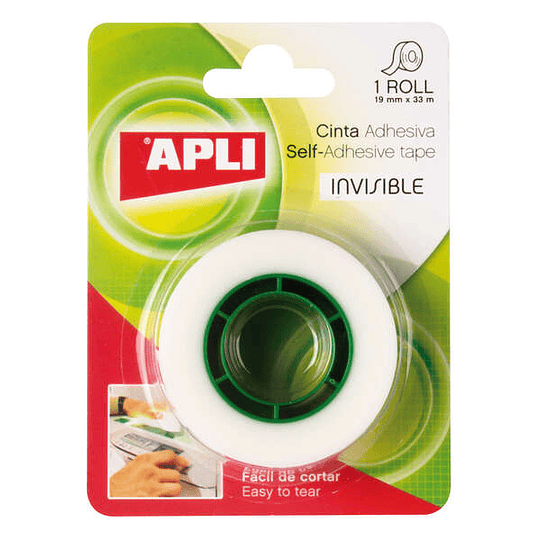 Apli Cinta Adhesiva Invisible 19mm x 33m - Facil de Cortar - Resistente - Ideal para Uso en Oficina - Transparente