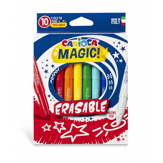 Carioca Magic Markers Pack de 10 Rotuladores Magicos Erasable - Tinta Magica Cambia de Color - Incluye Rotulador Magink para Borrar - Punta Maxi Bloqu