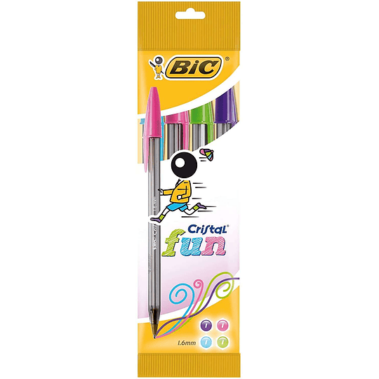 Bic Cristal Fun Pack de 4 Boligrafos de Bola - Punta Redonda de 1.6mm - Trazo 0.42mm - Tinta con Base de Aceite - Colores Surtidos