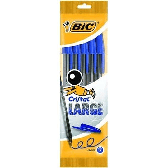 Bic Cristal Large Pack de 5 Boligrafos de Bola - Punta Redonda de 1.6mm - Trazo 0.6mm - Tinta con Base de Aceite - Color Azul