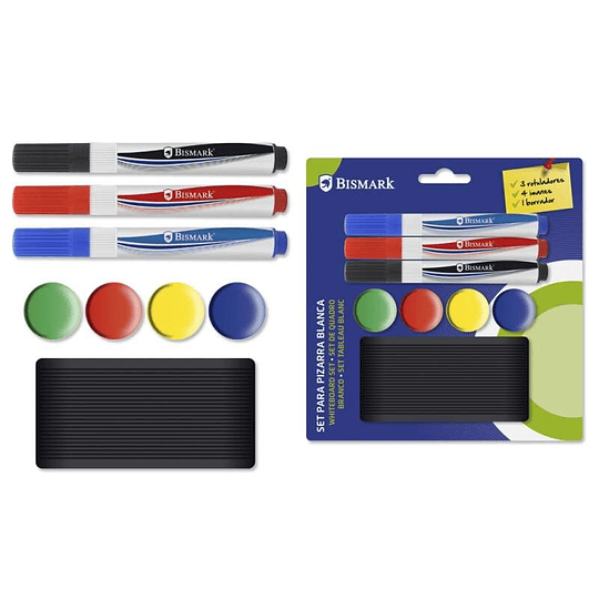 Bismark Pack de 3 Rotuladores para Pizarra + 4 Imanes + Borrador - Colores Surtidos