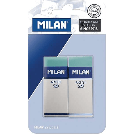 Milan Nata 520 Artist Pack de 2 Gomas de Borrar Rectangulares - Plastico - Faja de Carton Blanca - No Daña el Papel - Color Verde