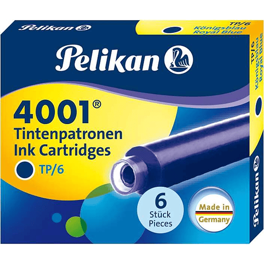 Pelikan 4001 TP/6 Pack de 6 Cartuchos - Tinta de Alta Calidad - Compatible con Plumas Estilograficas - Color Azul Real