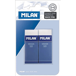 Milan Nata 320 Pack de 2 Gomas de Borrar Rectangulares - Plastico - Faja de Carton Azul - Todo tipo de Superficies - Color Blanco