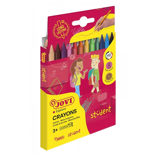 Jovi Crayons Student Estuche de 12 Ceras Plasticas - Resistentes - No Manchan - Agradables de Rayar - Acabado Brillante - Gran Duracion - Colores Mezc