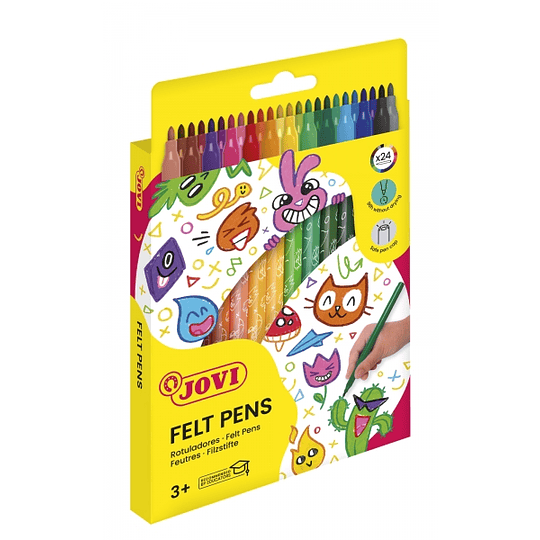 Jovi Felt Pens Estuche de 24 Rotuladores - Amplia Variedad de Tonos - Tinta de Gran Fijacion - Punta de 3mm - Capuchon de Seguridad Ventilado - Grip T