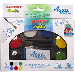 Alpino Fiesta Aqua Make-up Pack con Paleta de Maquillaje Acuarelable con 6 Colores + 2 Pinceles + Esponja y Guia de Uso - Se Lava con Agua y Jabon - C