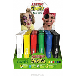 Alpino Fiesta Face Stick Expositor con 36 Barritas de Pintura Facial - Sistema Retractil Giratorio - Se Lava con Agua - Testado Dermatologicamente