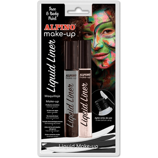 Alpino Make-up Liquid Liner Pack con 2 Botes de Maquillaje Liquido con Aplicador - Se Lava con Agua - Testado Dermatologicamente - Colores Blanco y Ne