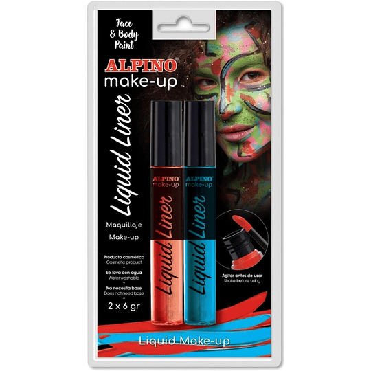 Alpino Make-up Liquid Liner Pack con 2 Botes de Maquillaje Liquido con Aplicador - Se Lava con Agua - Testado Dermatologicamente - Colores Azul y Rojo