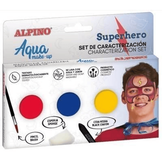 Alpino Aqua Make Up Set de Caracterizacion de Superheroes - 3 Polveras + Cera Negra + Pincel + Esponja