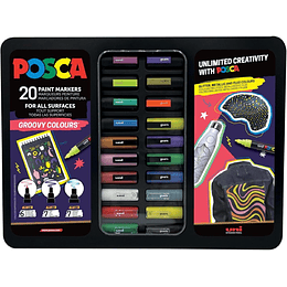 Posca Groovy Colours Maleta Metalica con 20 Marcadores de Pintura - Surtido en Color y Trazo - Punta de Poliester - Tinta Pigmentada Base Agua - Resis