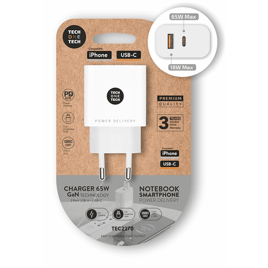 TechOneTech Cargador de Pared PD 65W con 1 Puerto USB-C + 1 Puerto USB-A