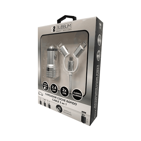 CARGADOR USB COCHE 2xUSB (2.4A) + CABLE 3EN1 PLATA SUBBLIM